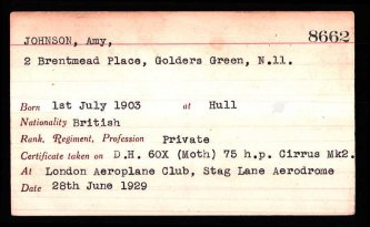 Amy Johnson Aviators Record Card 1929